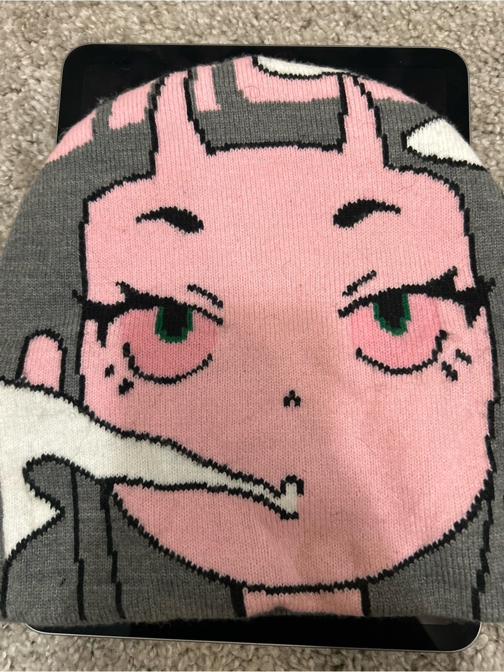 Cartoon Pink & Gray Beanie with Green Eyes